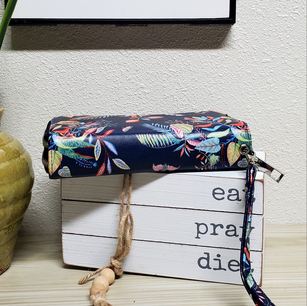 Wristlet Navy Tropical Floral Bats & Parrots Phone Wallet